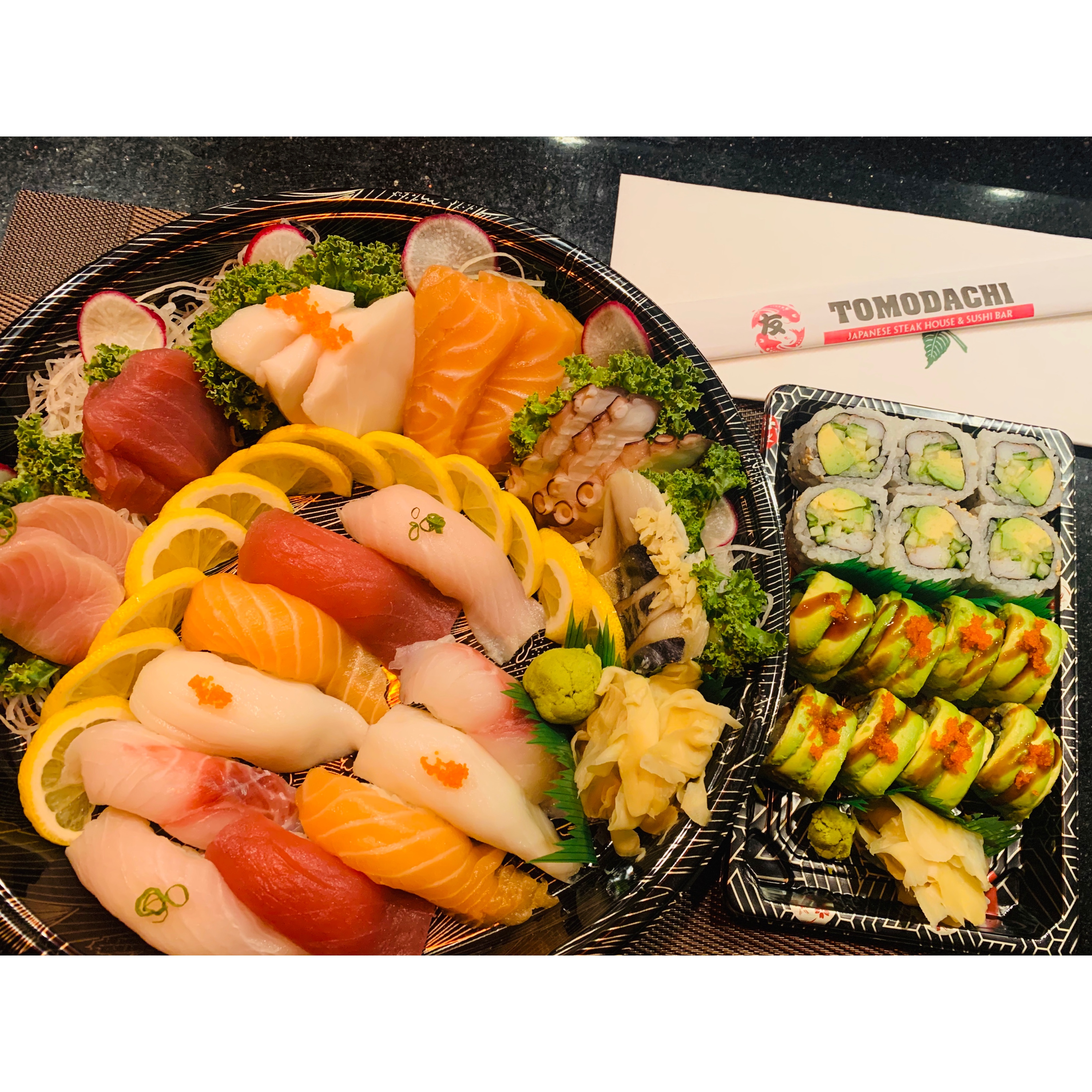 Order 10 Piece Sushi, 16 Piece Sashimi, California Roll, Green Dragon Roll Combo food online from Tomodachi Japanese Steakhouse & Sushi Bar store, Royersford on bringmethat.com