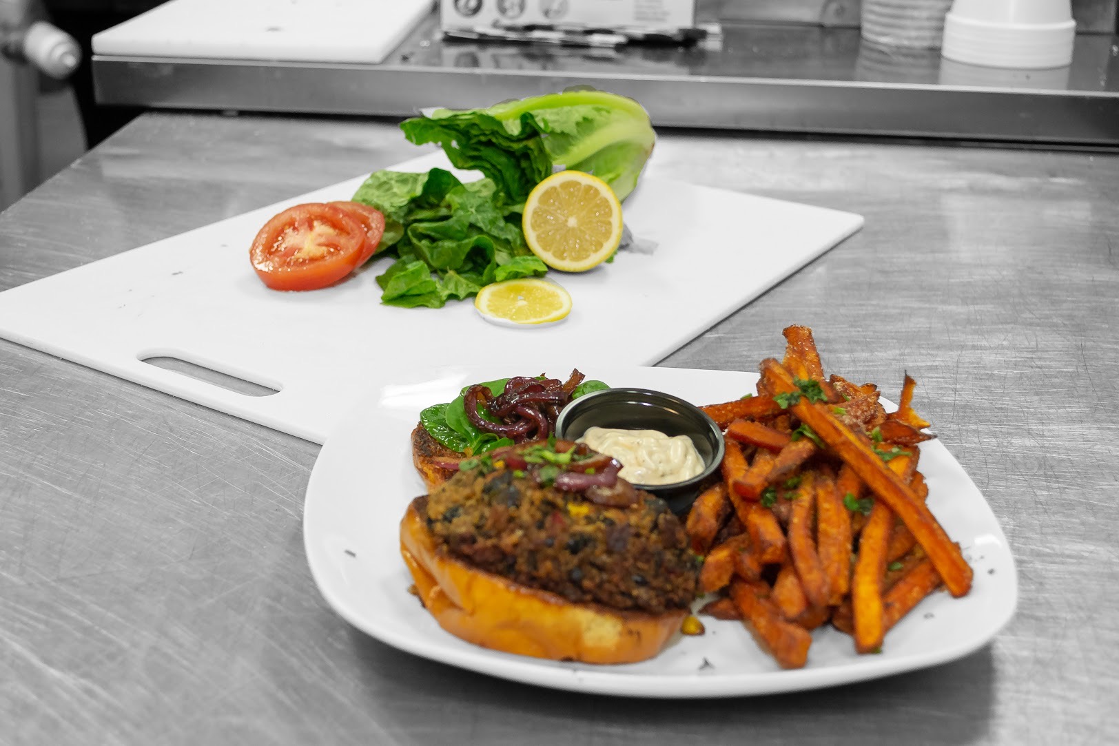 Order Vegetarian Bean Burger Lunch food online from Our Recipes Cafe & Catering store, Arbutus on bringmethat.com