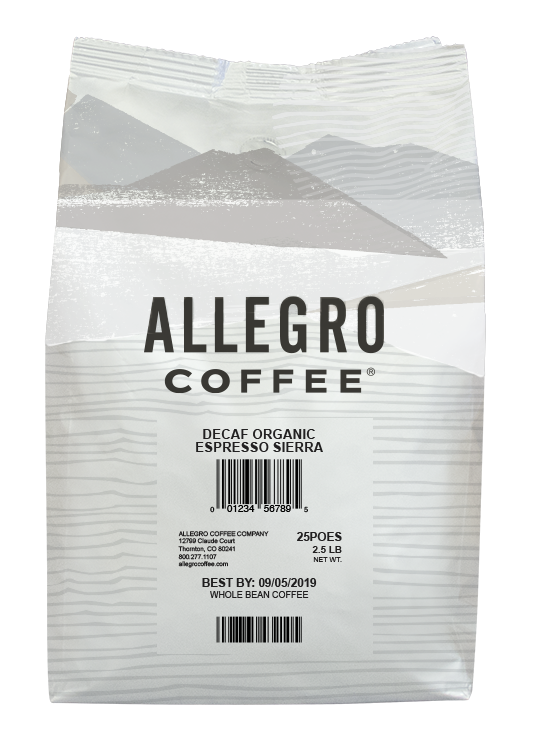 Order Decaf Organic Espresso Sierra (Whole Bean/2.5 lb.) food online from Allegro Coffee Company store, Wynnewood on bringmethat.com