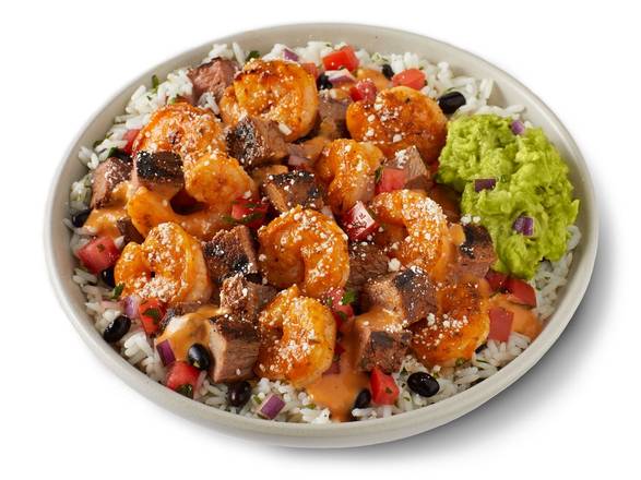 Order NEW Surf & Turf Bowl food online from Qdoba Mexican Eats store, Wilsonville on bringmethat.com