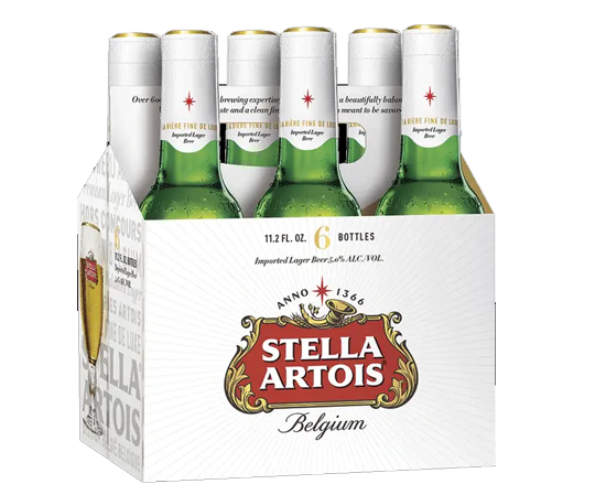 Order Stella Artois 6 Pack - 12 oz. Bottle Beer  food online from Plaza Diamond Liquor store, Diamond Bar on bringmethat.com