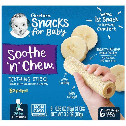 Order Gerber Baby Food, Sitter, Soothe 'n' Chew Teething Sticks Banana - 0.53 oz x 6 pack food online from Walgreens store, Fullerton on bringmethat.com