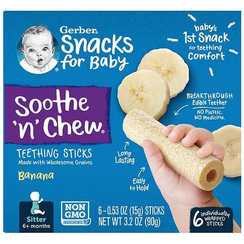 Order Gerber Baby Food, Sitter, Soothe 'n' Chew Teething Sticks Banana - 0.53 oz x 6 pack food online from Walgreens store, Willimantic on bringmethat.com