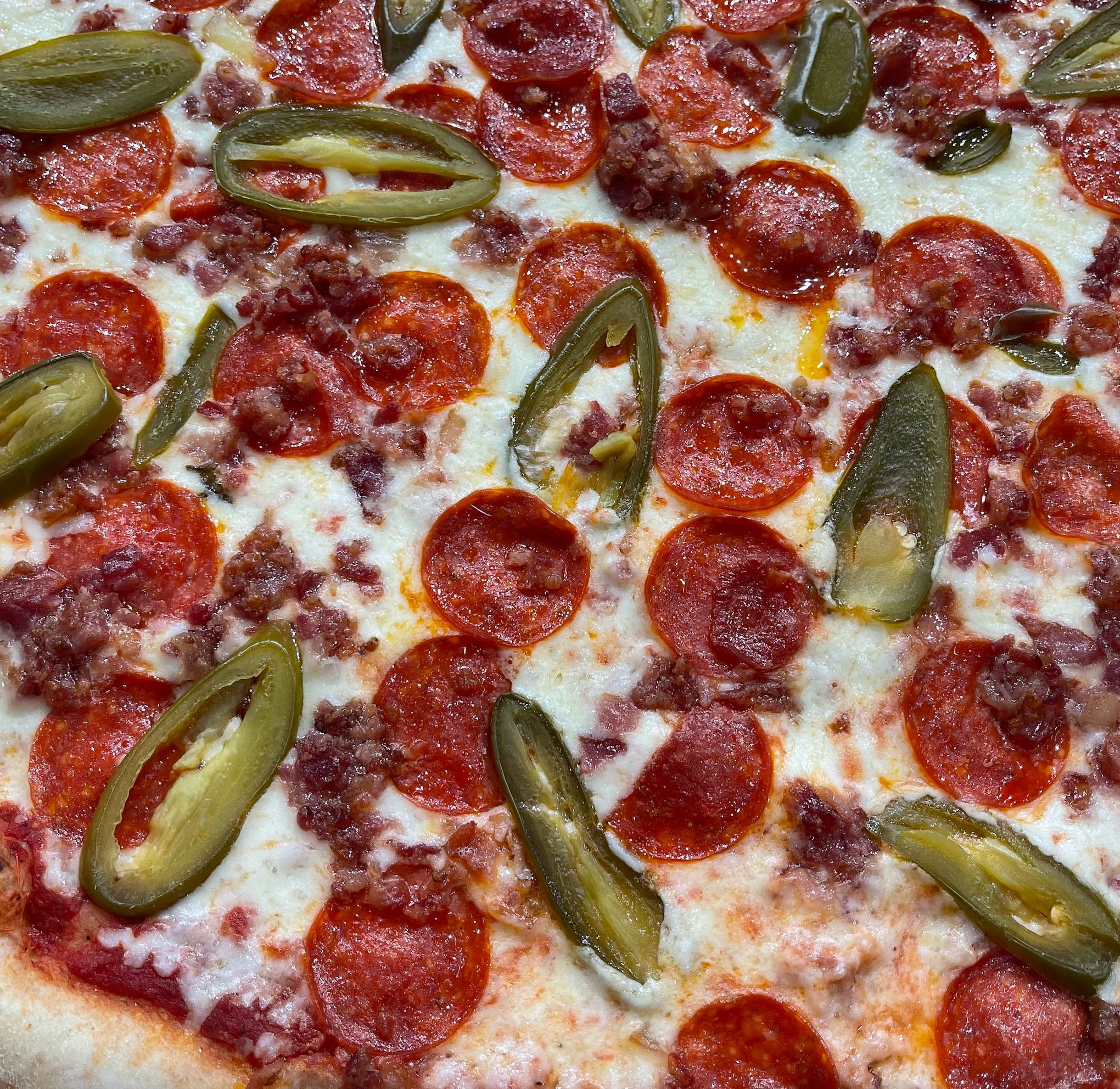 Order Pepperoni, Bacon & Jalapenos Pizza - 14" food online from Brick 3 Pizza store, Milwaukee on bringmethat.com