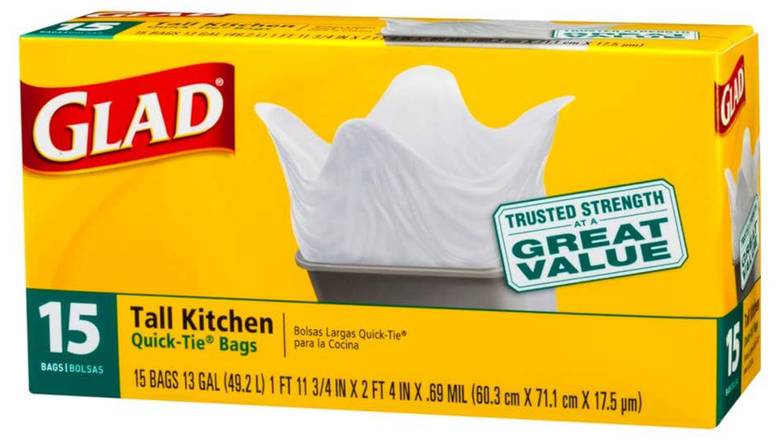 Order Glad Quick-Tie Tall Kitchen Trash Bags - 15 Ct food online from Exxon Constant Friendship store, Abingdon on bringmethat.com