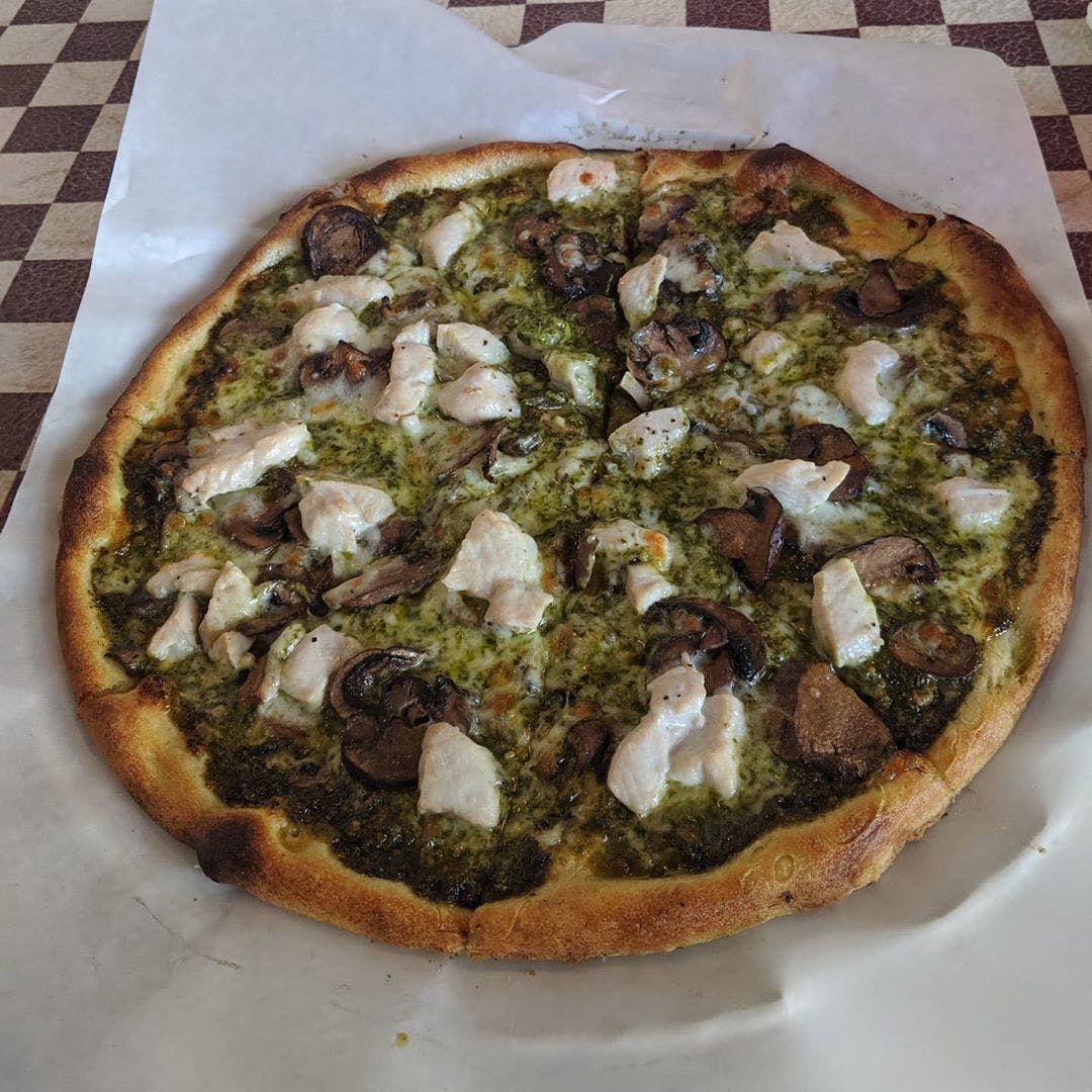 Order Pesto Chicken Mushrooms Pizza - Pizza food online from Pizza Works store, Old Saybrook on bringmethat.com