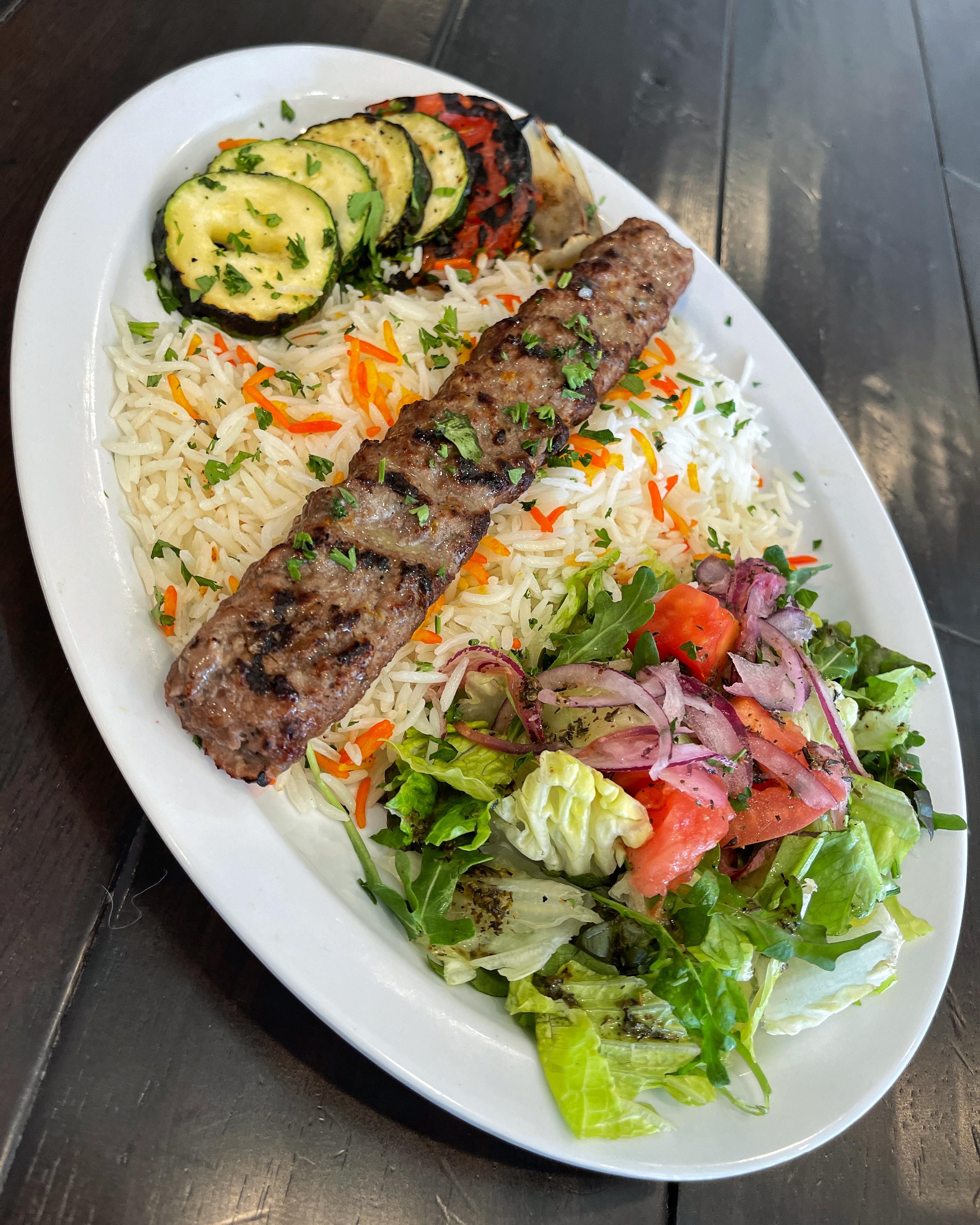 Order Ground Sirloin Kabob Plate (2 Skewer) food online from Off The Boat Fish Grill store, Placentia on bringmethat.com