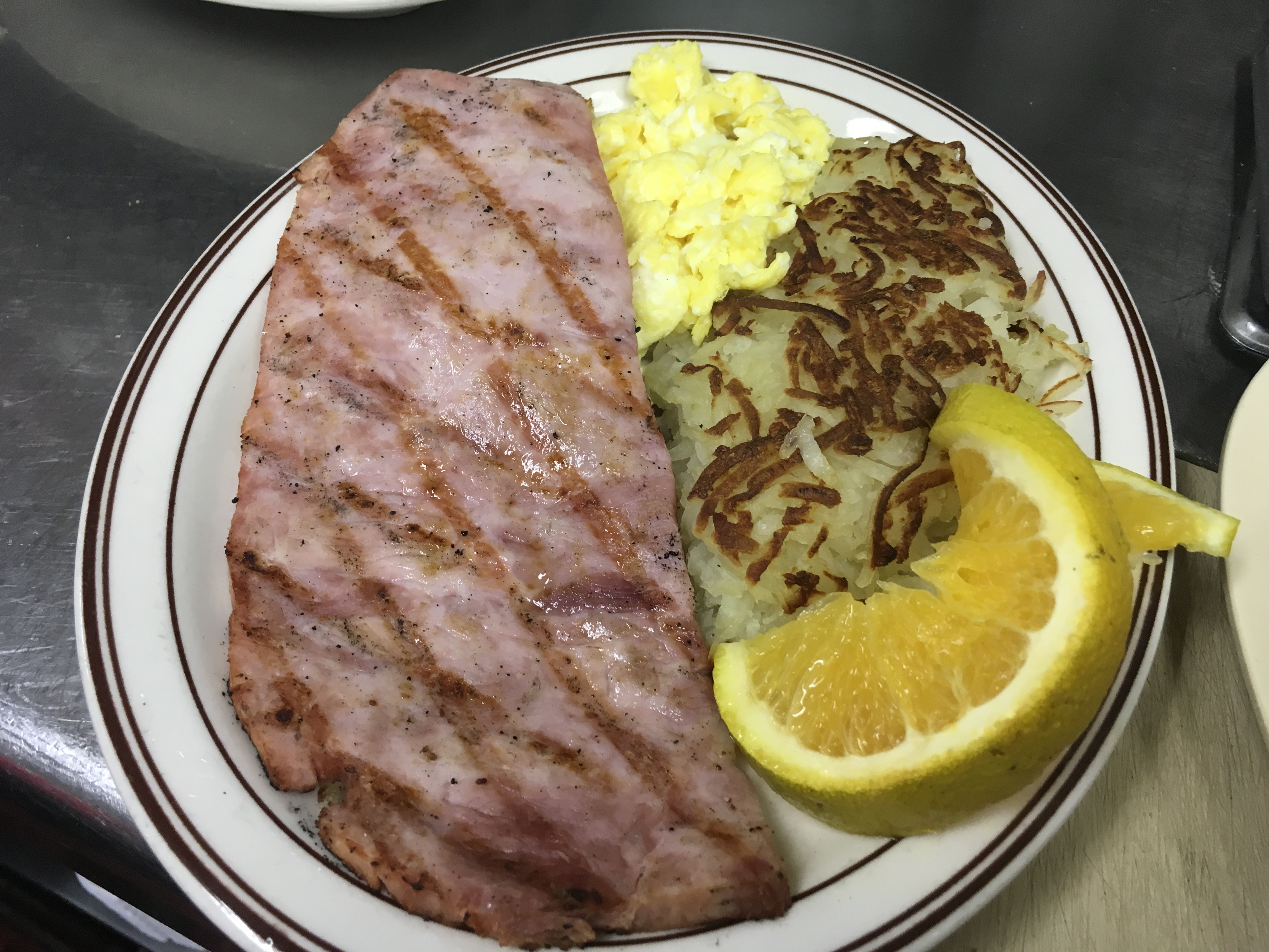 Order Large Smoked Ham and  3 Eggs Combo Freshly Grated Hash browns & Toast food online from Jim's Burgers #2 store, Wilmington on bringmethat.com