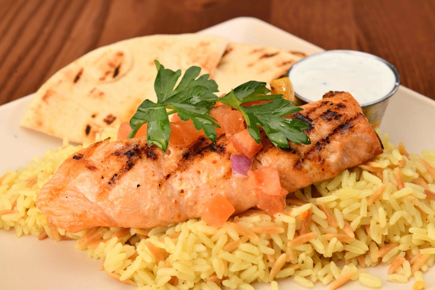 Order SALMON PLATE food online from The Great Greek Mediterranean Grill store, Henderson on bringmethat.com