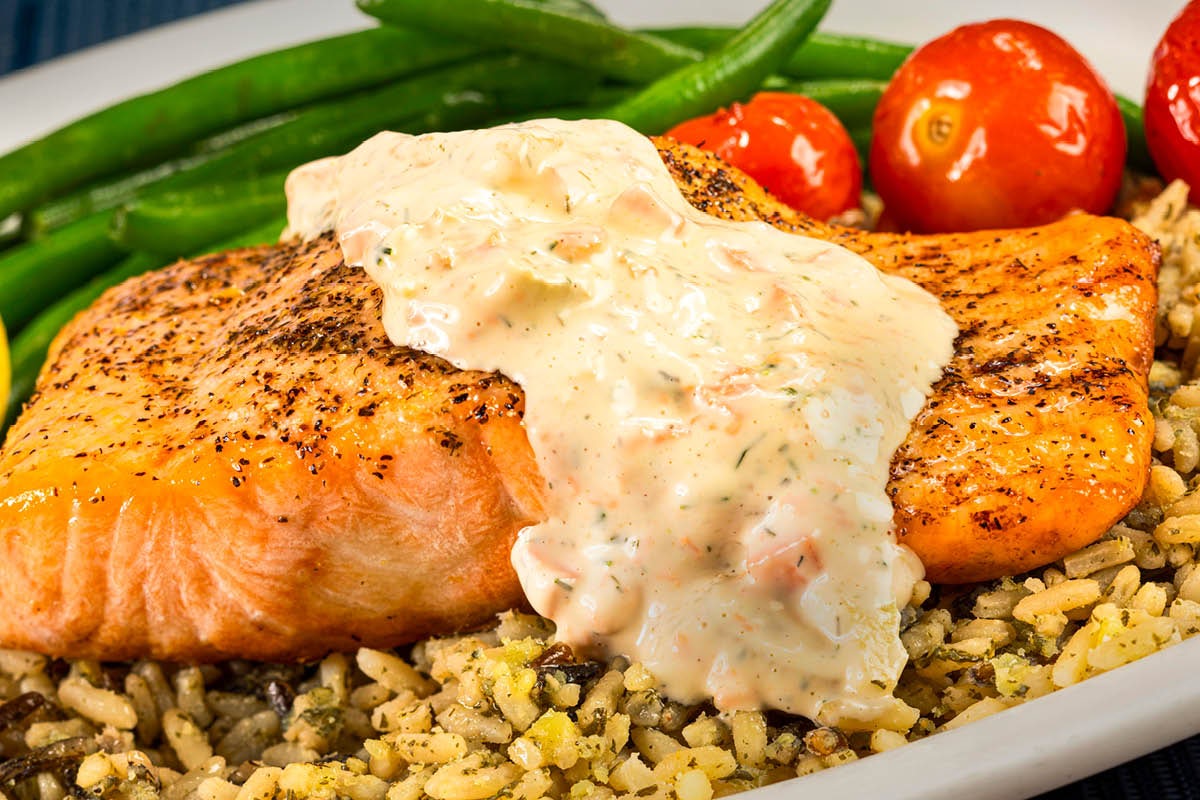 Order Baked Atlantic Salmon with Dill Sauce food online from Toojay store, Dania Beach on bringmethat.com