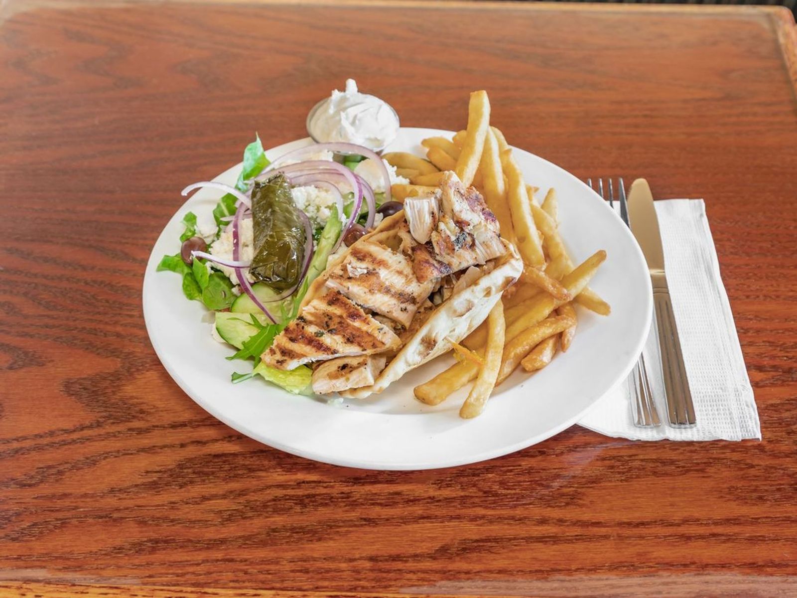 Order Chicken Souvlaki platter food online from Bus stop cafe store, New York on bringmethat.com