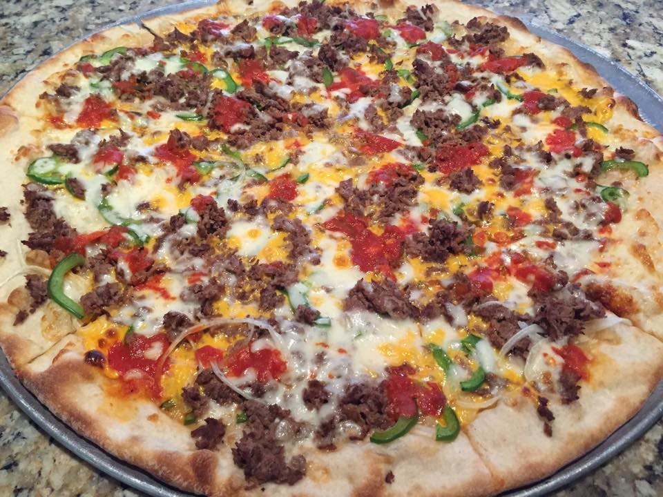 Order Cheesesteak Pizza - Medium food online from Rosato's Pub & Pizzeria store, Toms River on bringmethat.com