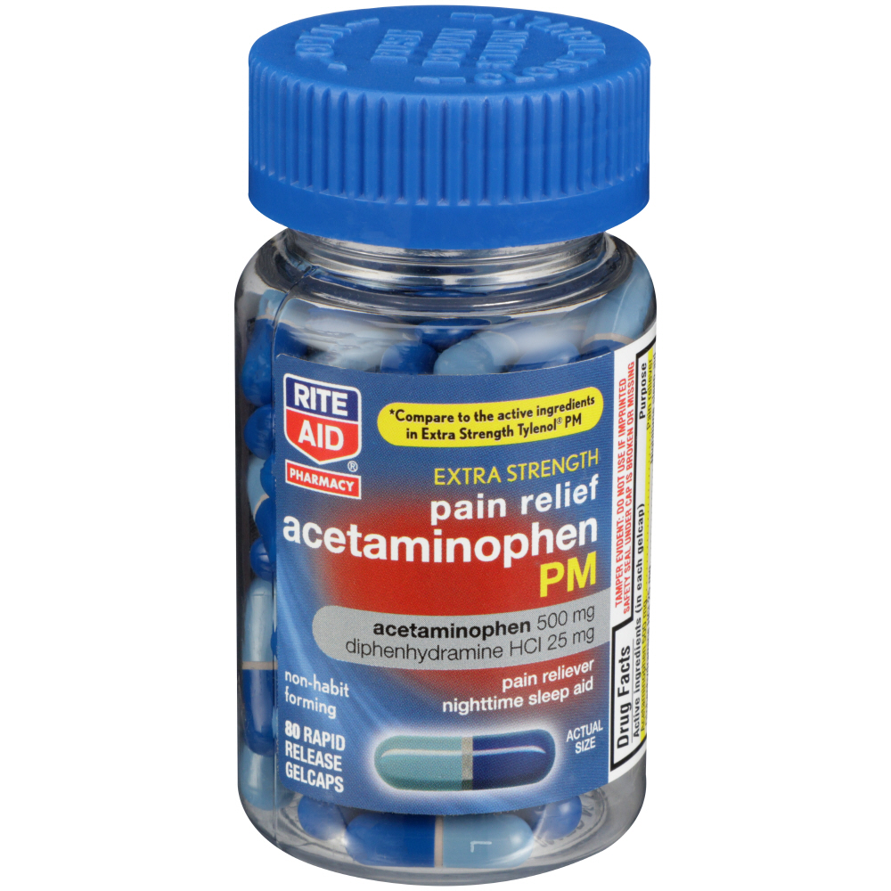 Order Rite Aid Extra Strength PM Pain Relief Gelcaps, 500mg Acetaminophen / 25mg Diphenhydramine - 80 ct food online from Rite Aid store, Aston on bringmethat.com
