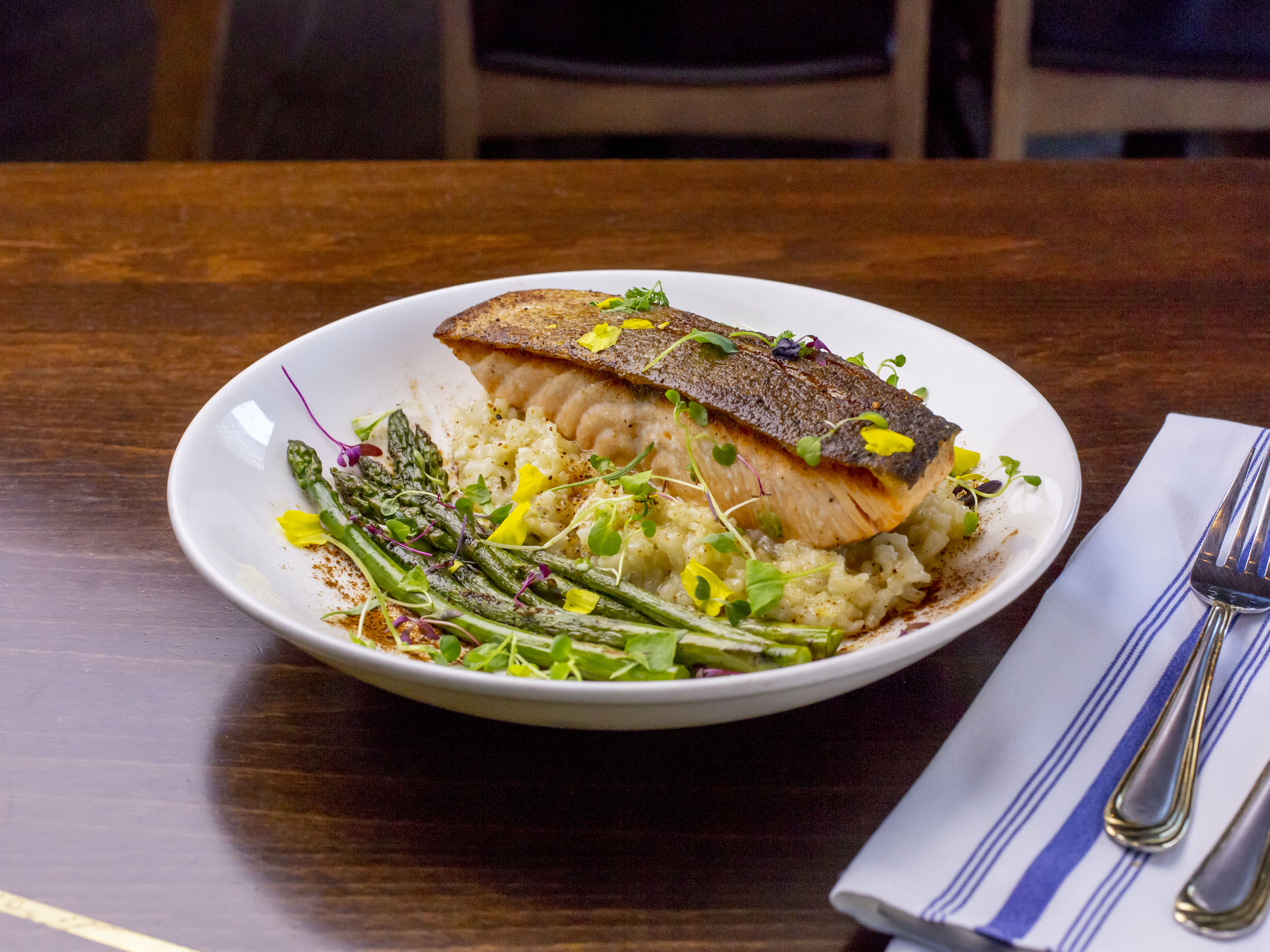 Order Salmon with Mushroom Risotto food online from Miro Restaurant store, Los Angeles on bringmethat.com