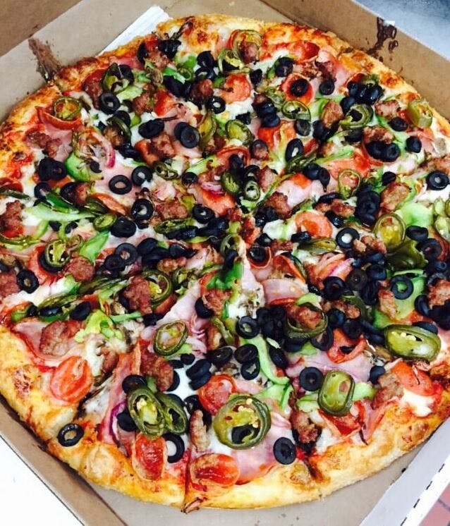 Order Everything But Anchovies Pizza - Medium 12'' (8 Slices) food online from Vianos Ristorante store, Riverside on bringmethat.com