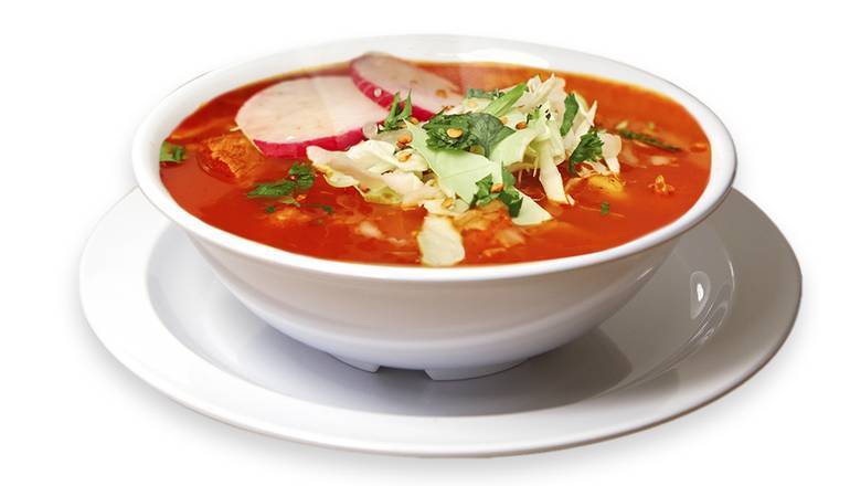 Order Pork Soup with Hominy (Pozole Rojo) food online from El Gallo Giro store, Los Angeles on bringmethat.com