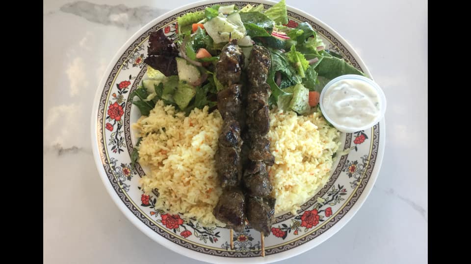 Order 11. Beef Kabob Plate food online from Wallys Cafe store, Emeryville on bringmethat.com