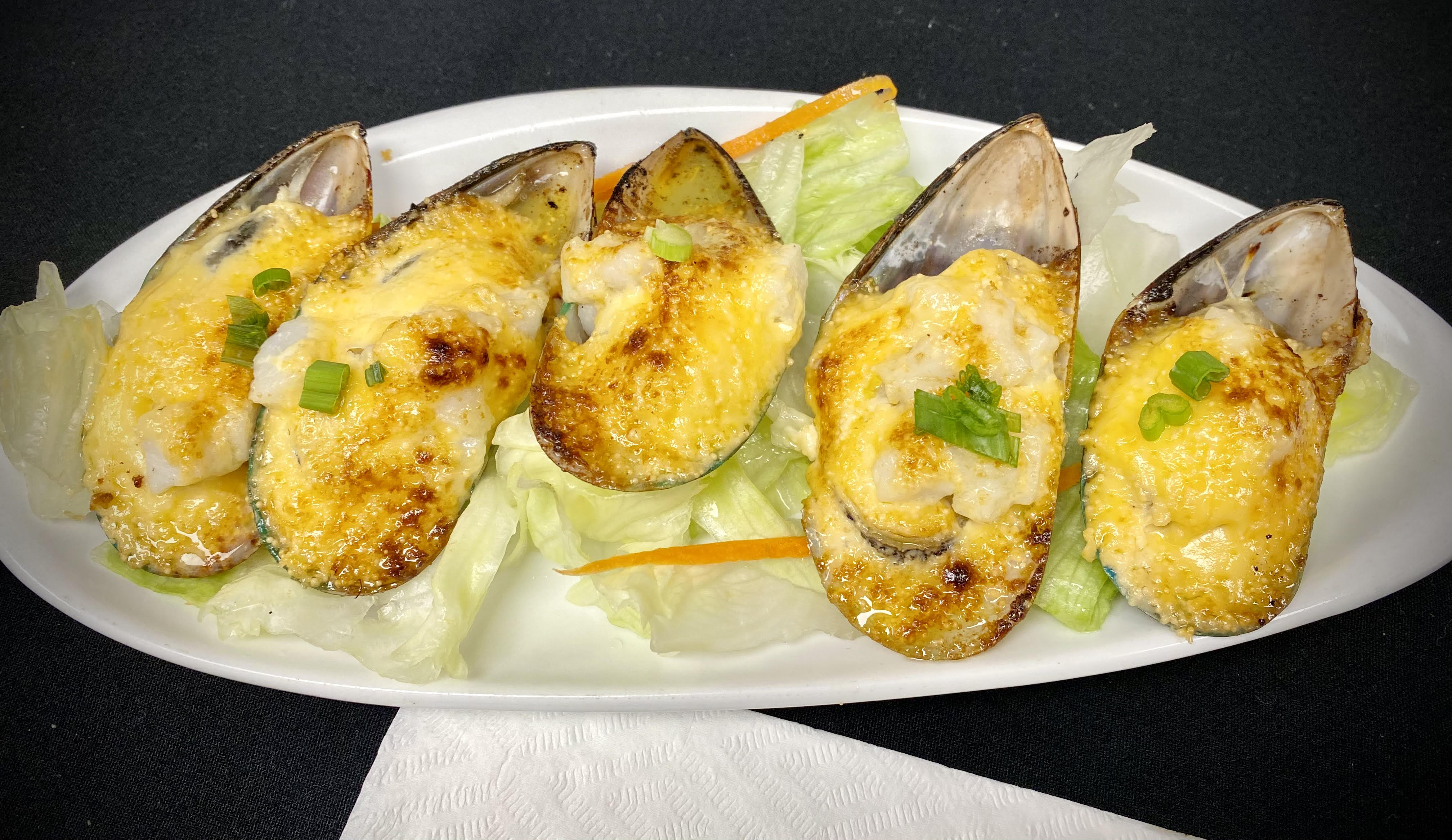 Order Baked Mussel with Scallop food online from Misawa Sushi Bar store, Louisville on bringmethat.com