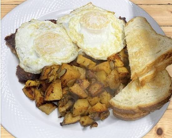 Order 2 EGGS AND CORN BEEF HASH food online from Cafe Unicorn store, New Rochelle on bringmethat.com