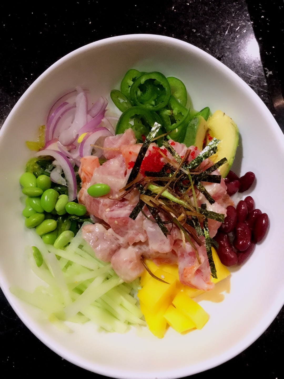 Order Tuna, Salmon and Yellowtail Poke Bow food online from Fin II store, Stamford on bringmethat.com