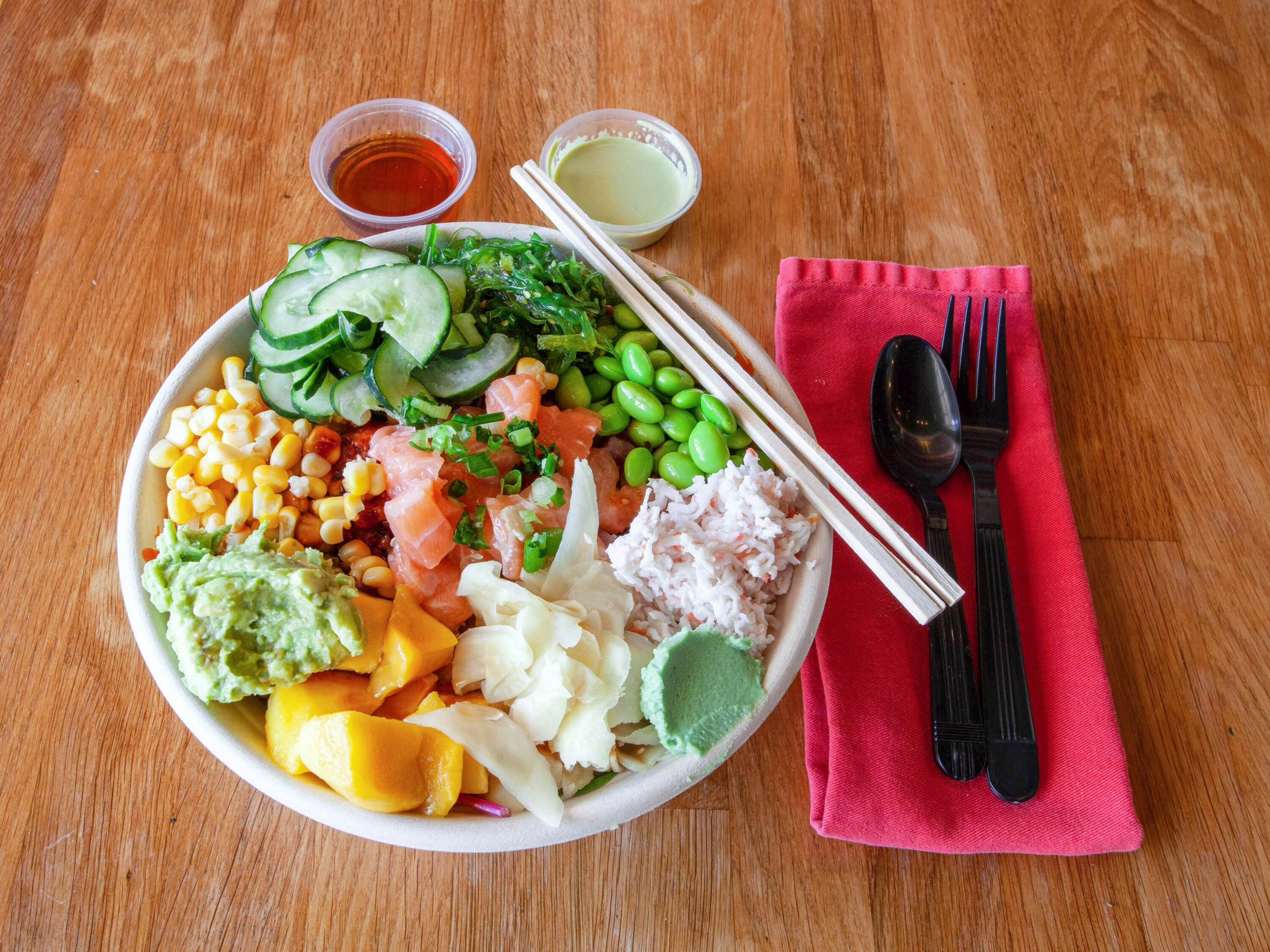 Order Extra Large, 5 Proteins Bowl food online from Poke Tiki store, Tustin on bringmethat.com