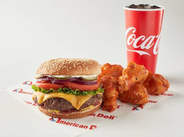 Order Burger Combo (5 pcs Wings and Drink) food online from American Deli store, Sylacauga on bringmethat.com
