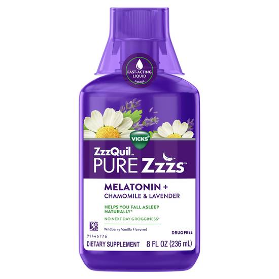 Order Vicks ZzzQuil PURE Zzzs Melatonin Liquid Sleep-Aid Chamomile & Lavender (8 oz) food online from Rite Aid store, EUGENE on bringmethat.com