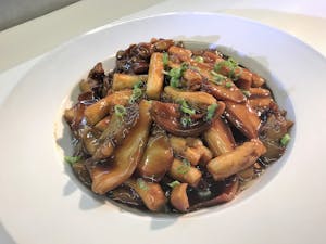 Order E5. Sea Cucumber & Squid with Fried Chinese Cakes 海參目鱼烤年糕 food online from Garage Restaurant store, San Gabriel on bringmethat.com
