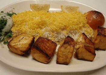 Order 7.  Salmon Kabob food online from Caspian House of Kabob store, Gaithersburg on bringmethat.com