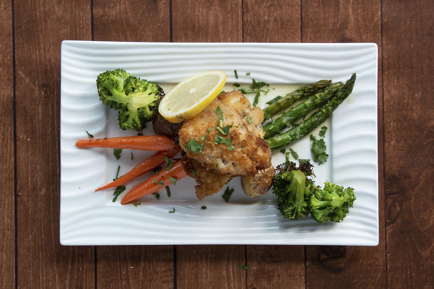 Order Fried Cod with Fingerling Potatoes, Asparagus, and Broccoli food online from Seafood Station store, San Francisco on bringmethat.com