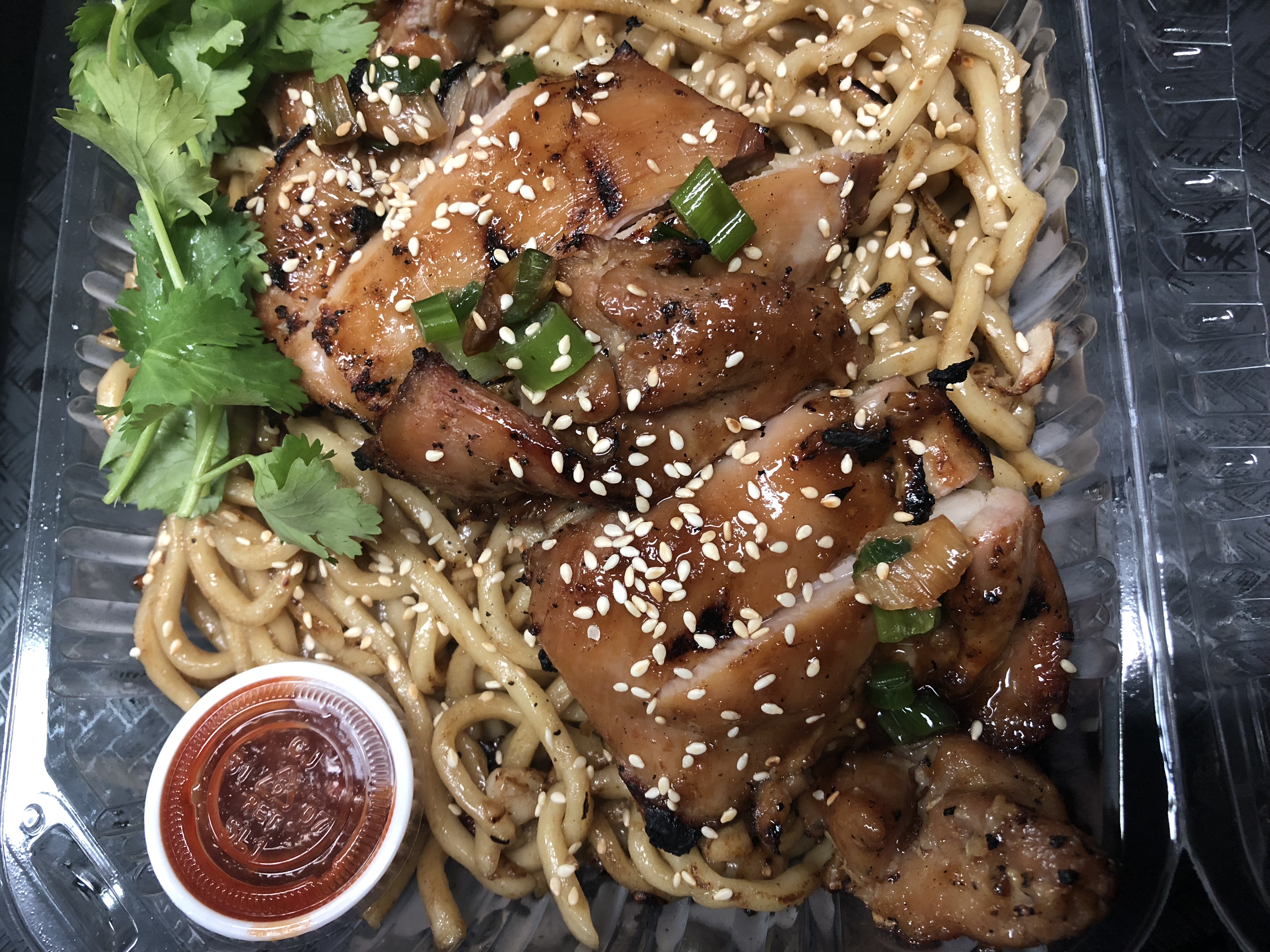 Order Garlic noodle with shrimp or chicken (Mi Xao Toi Tom nuong or ga nuong) food online from Saigon House store, San Leandro on bringmethat.com