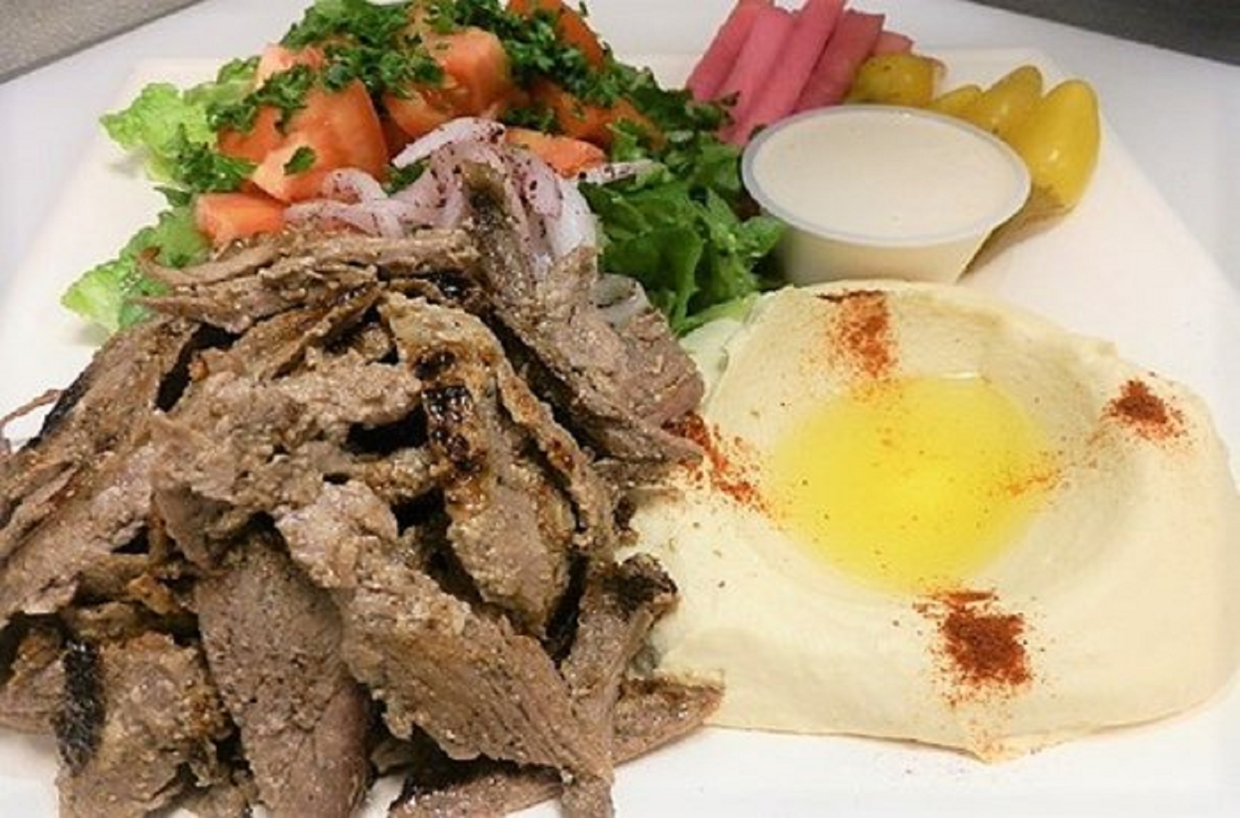 Order Tri Tip Shawarma Beef Plate food online from Mama Hummus store, Camarillo on bringmethat.com