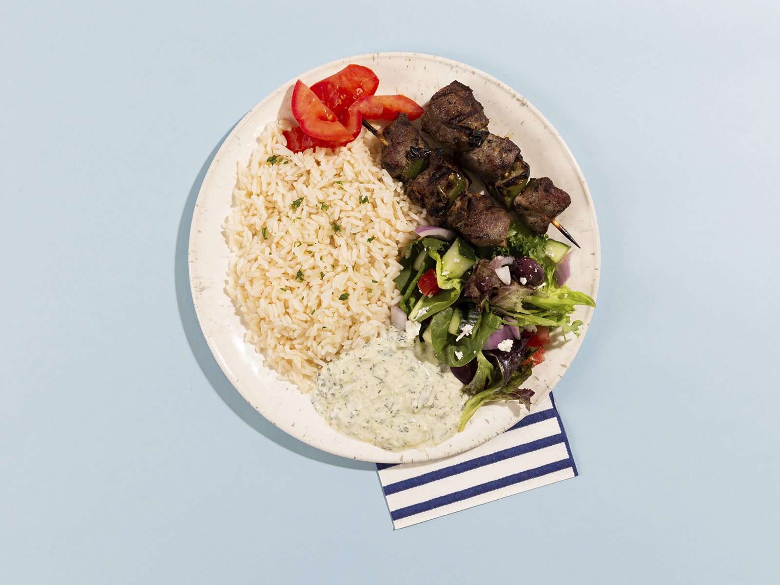 Order Beef Soulvaki Rice Platter food online from Mama Moussaka store, Lombard on bringmethat.com