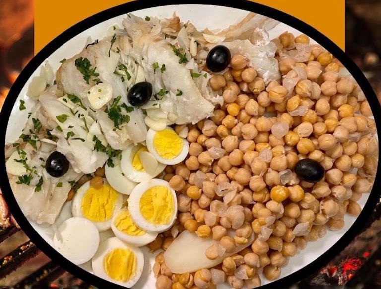Order Broiled Cod Fish with Chickpeas, Egg, Baked Potatoes, and Vegetables food online from Baliza store, Kearny on bringmethat.com