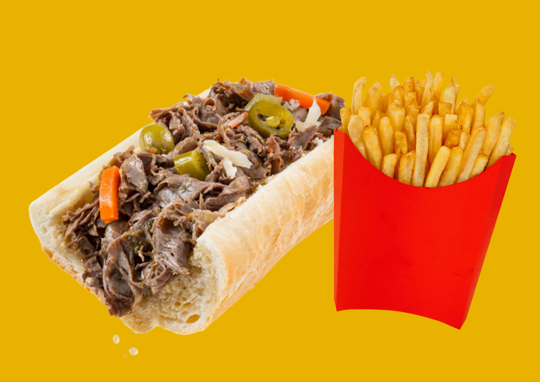 Order Italian Beef Sandwich with fries food online from Baba Famous Steak And Lemonade store, Fort Wayne on bringmethat.com