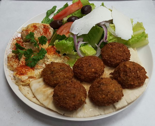 Order 13. Falafel Hummus Plate food online from The Greek Cafe store, San Diego on bringmethat.com