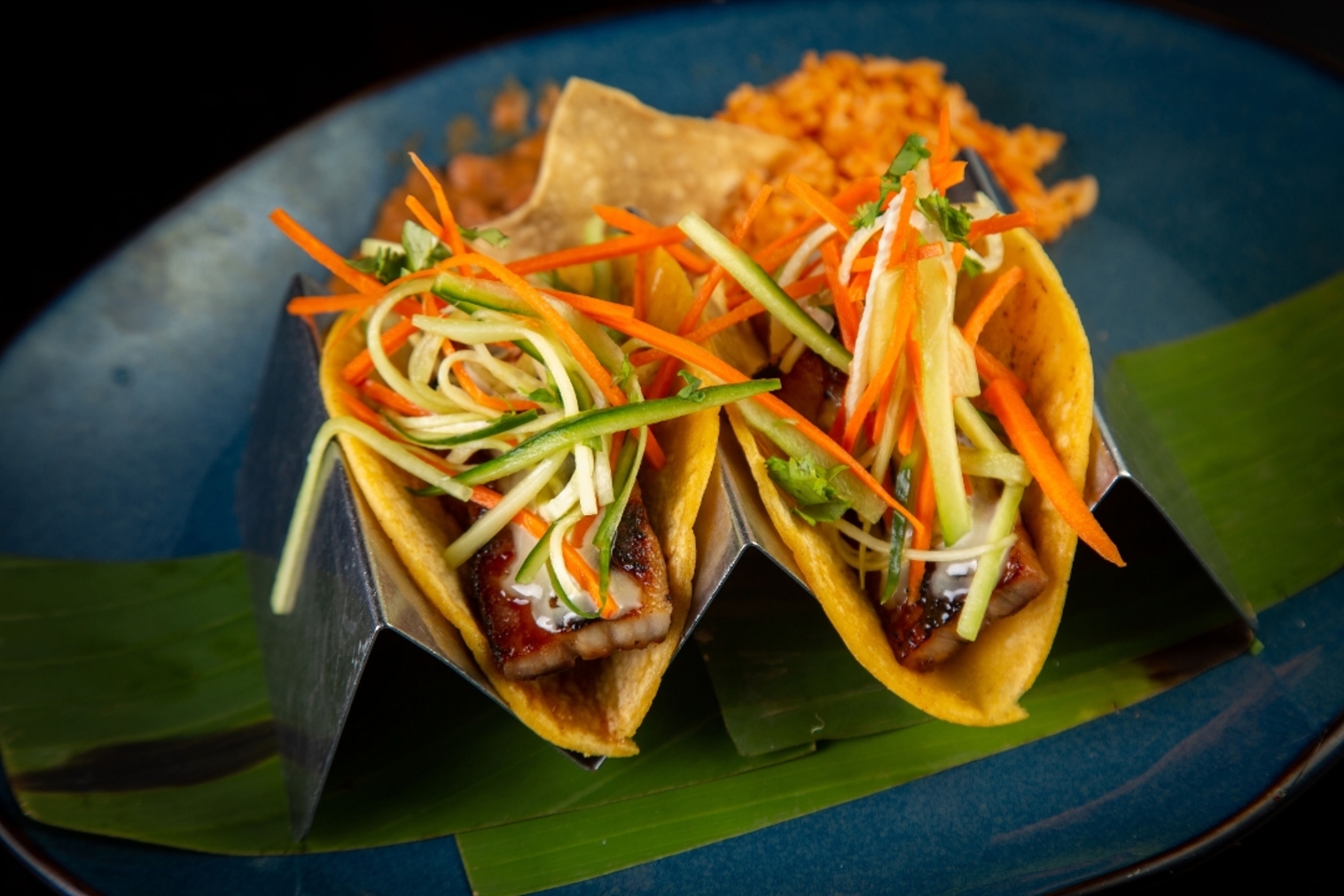 Order 2 Pork Belly Tacos food online from Hussongs Cantina store, Las Vegas on bringmethat.com