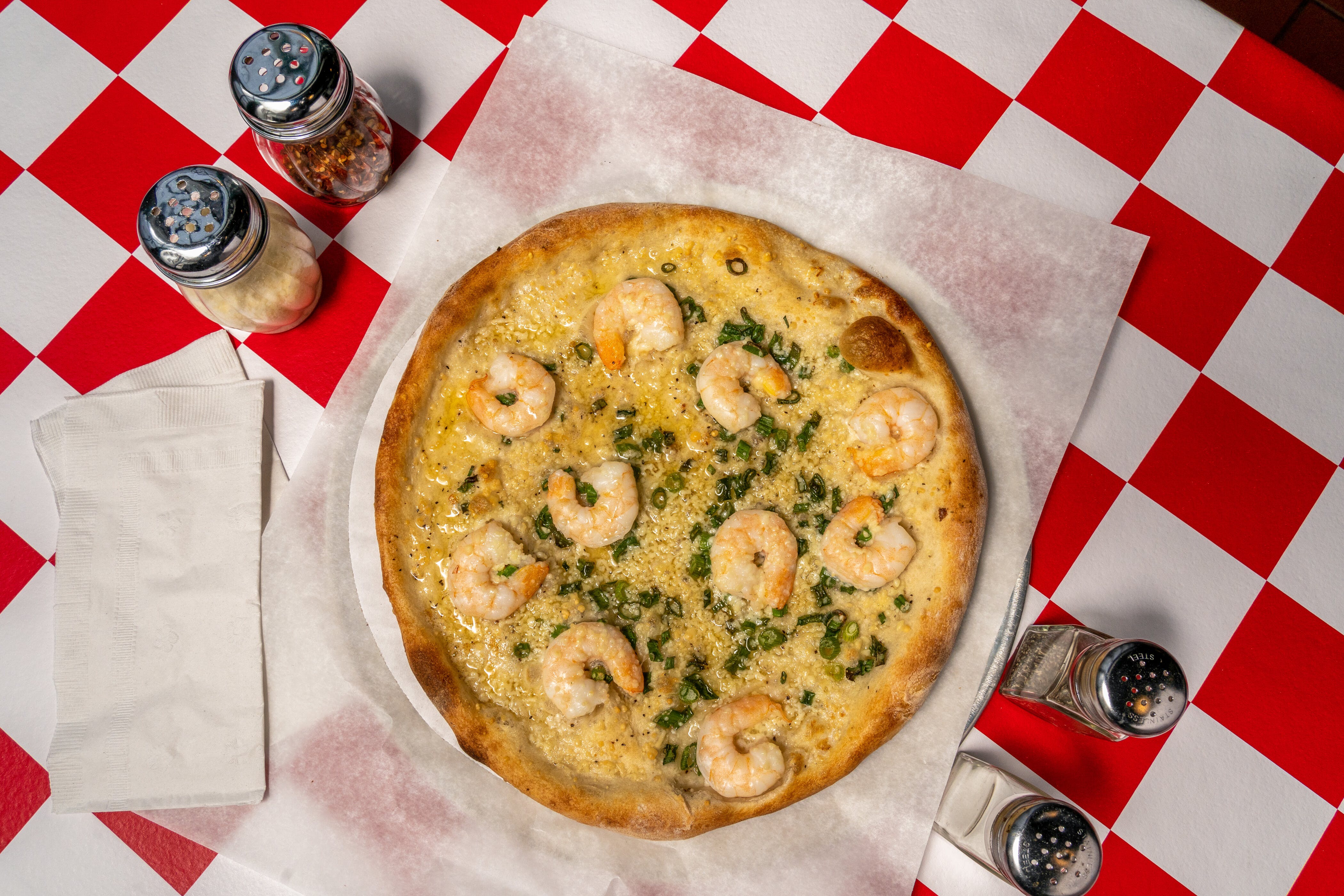Order Shrimp Scampi Pizza - Pizza food online from Pizza Works store, Old Saybrook on bringmethat.com