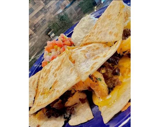 Order Mac Beef and Shrimp Quesadilla (full order) food online from Los Pinchis Tacos Mexican Cuisine store, Killeen on bringmethat.com
