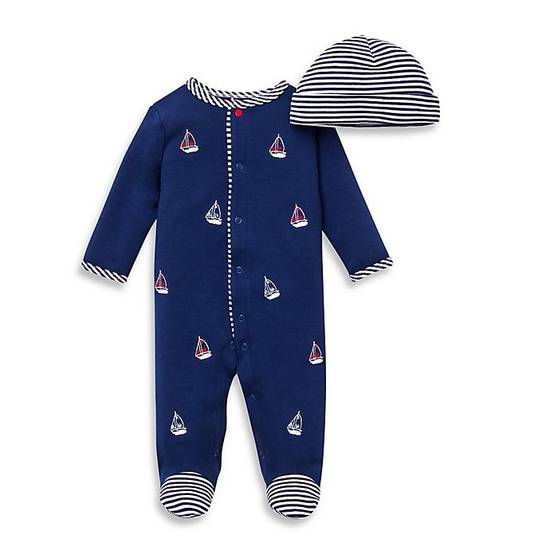 Order Little Me® Newborn 2-Piece Sailboats Footie and Hat Set in Navy food online from Bed Bath & Beyond store, Lancaster on bringmethat.com