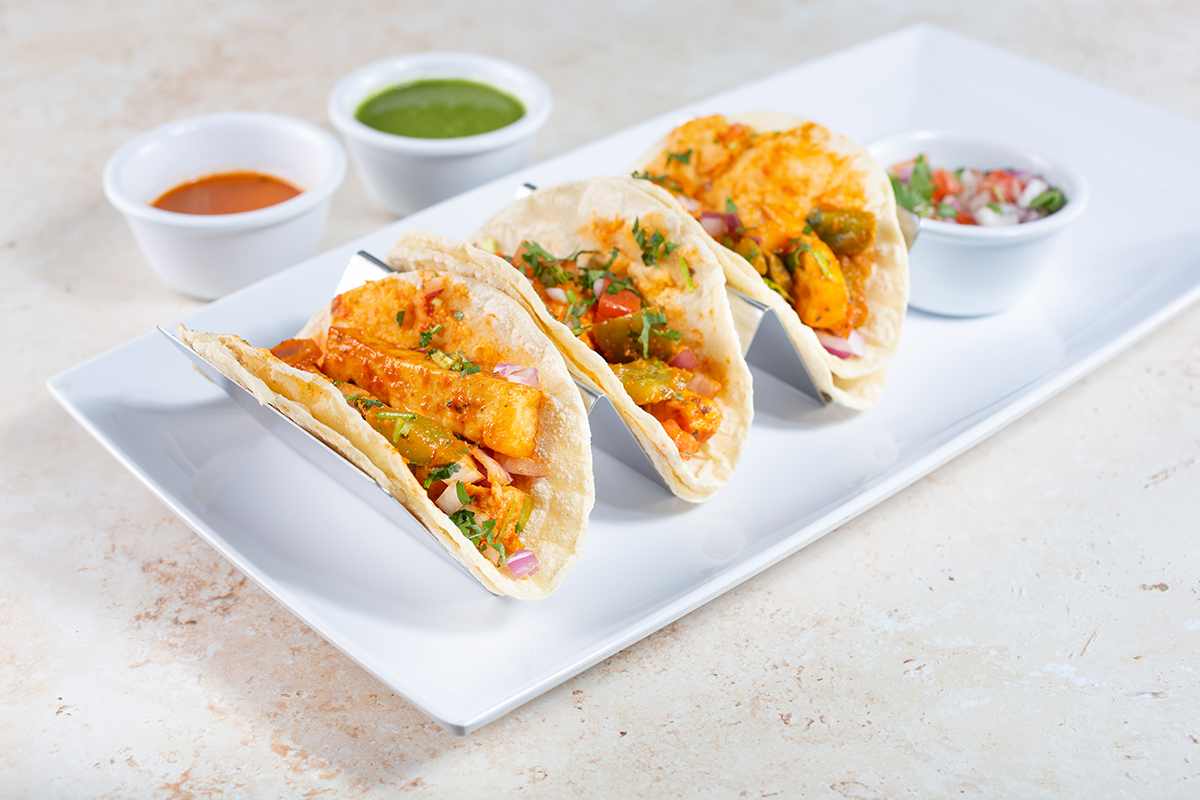 Order 34. Paneer Tikka Tacos (3 pcs) food online from Tulsi Indian Eatery store, Los Angeles on bringmethat.com