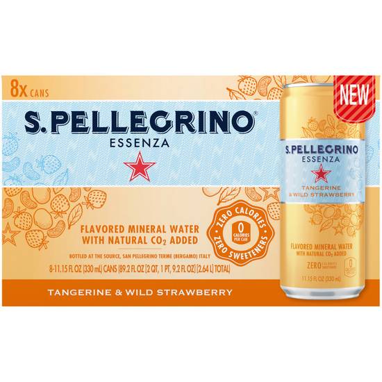 Order San Pellegrino Mineral Water Tangerine & Wild Strawberry Flavored Cans (11.15 oz x 8 ct) food online from Rite Aid store, Girard on bringmethat.com