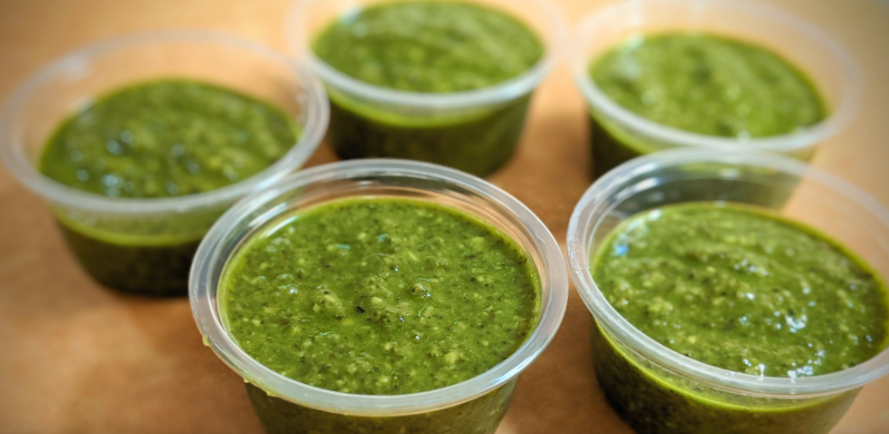 Order Basil Pesto Sauce - 2 oz Cup food online from Ciros Pizza Cafe store, Citrus Heights on bringmethat.com