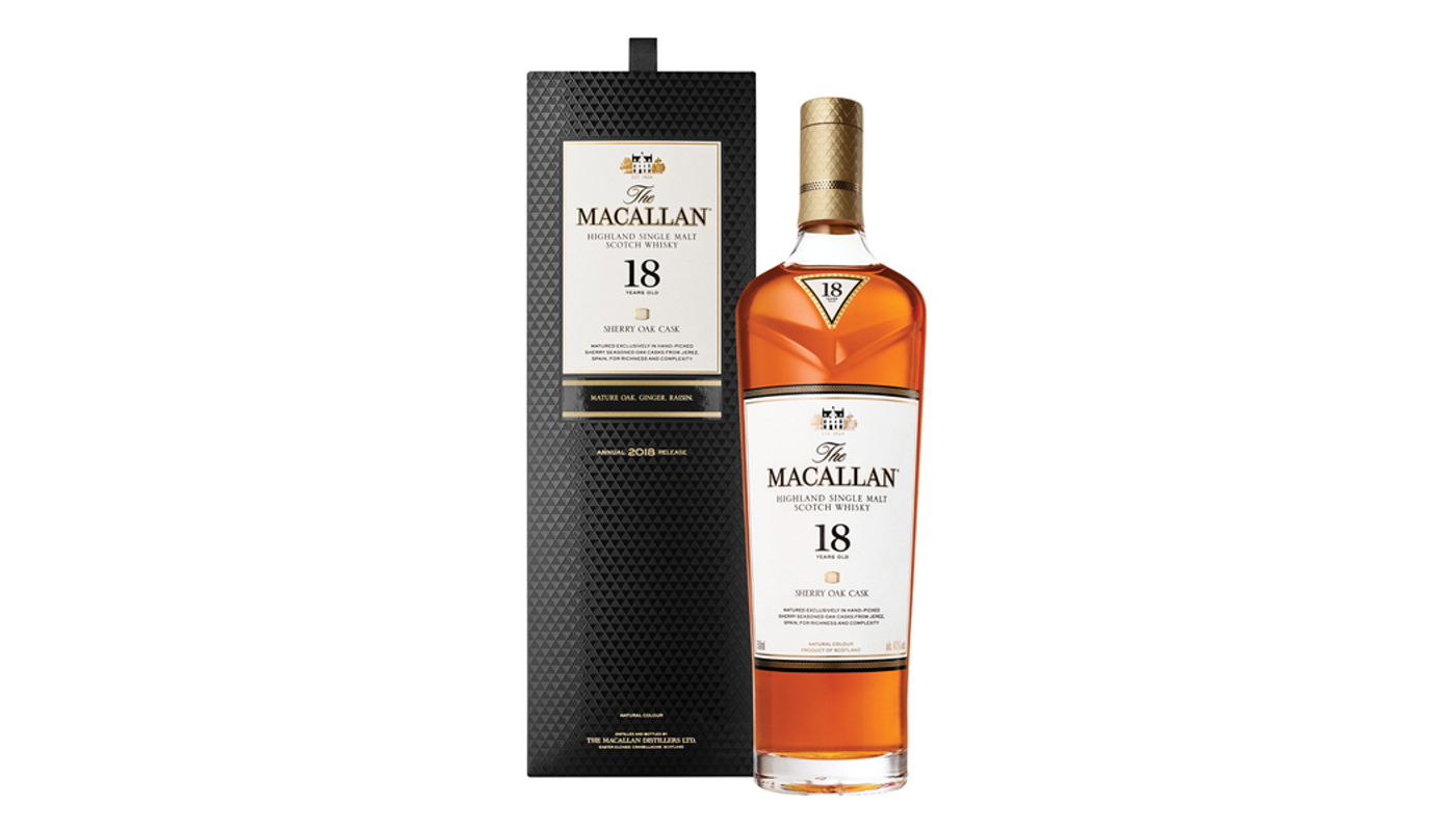 Order The Macallan Highland Single Malt Scotch Whisky Sherry Oak Cask 18 Year 750mL food online from Golden Rule Liquor store, West Hollywood on bringmethat.com