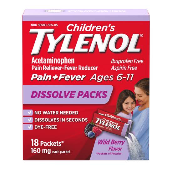 Order Tylenol Children's Acetaminophen Dissolve Packets Wild Berry (18 ct) food online from Rite Aid store, Bryan on bringmethat.com