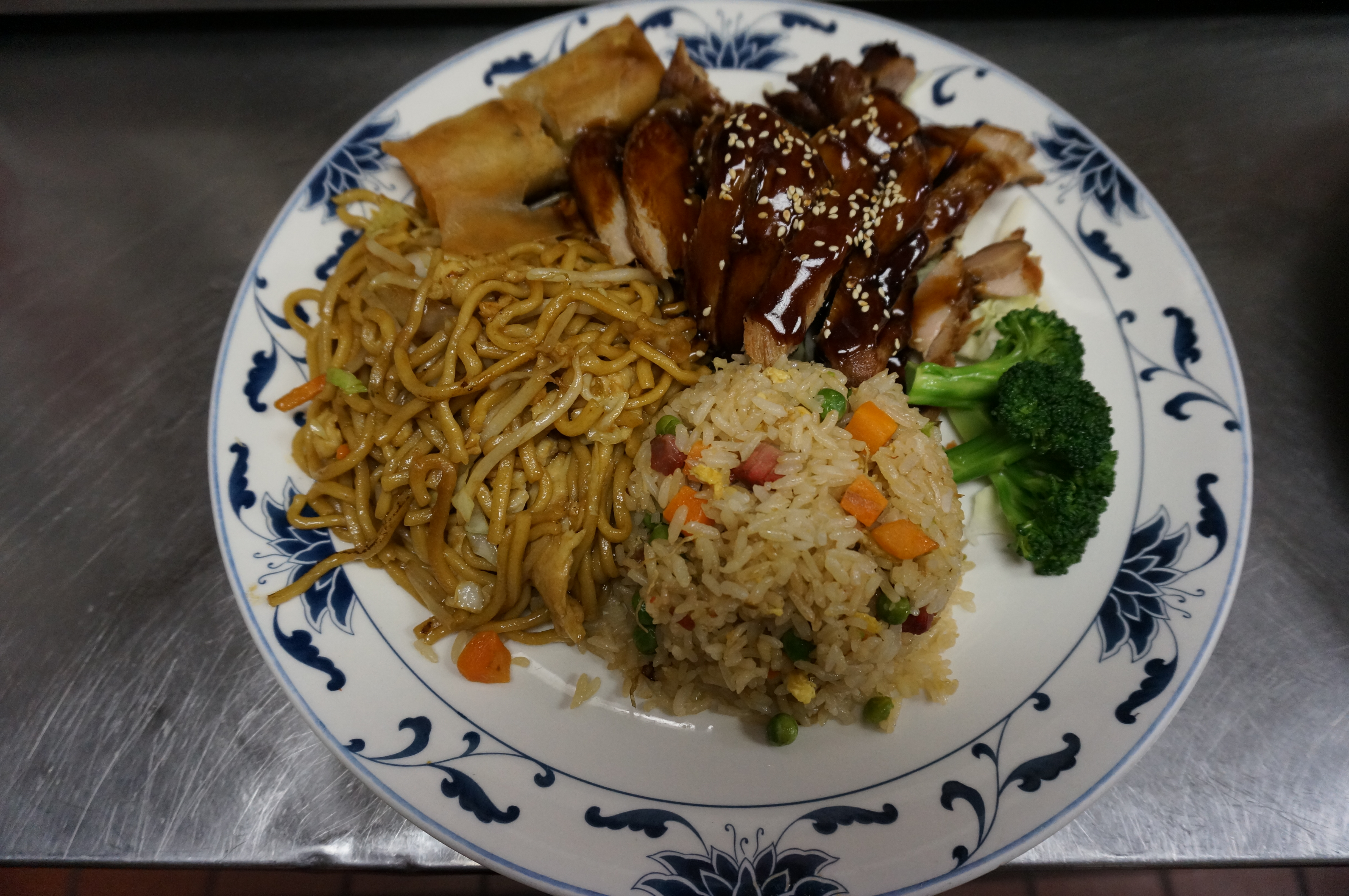 Order C3. Pork Fried Rice, Chicken Chow Mein, Teriyaki Chicken, Fried Won Ton and Egg Roll Combo Plate food online from Mayflower Chinese store, Capitola on bringmethat.com