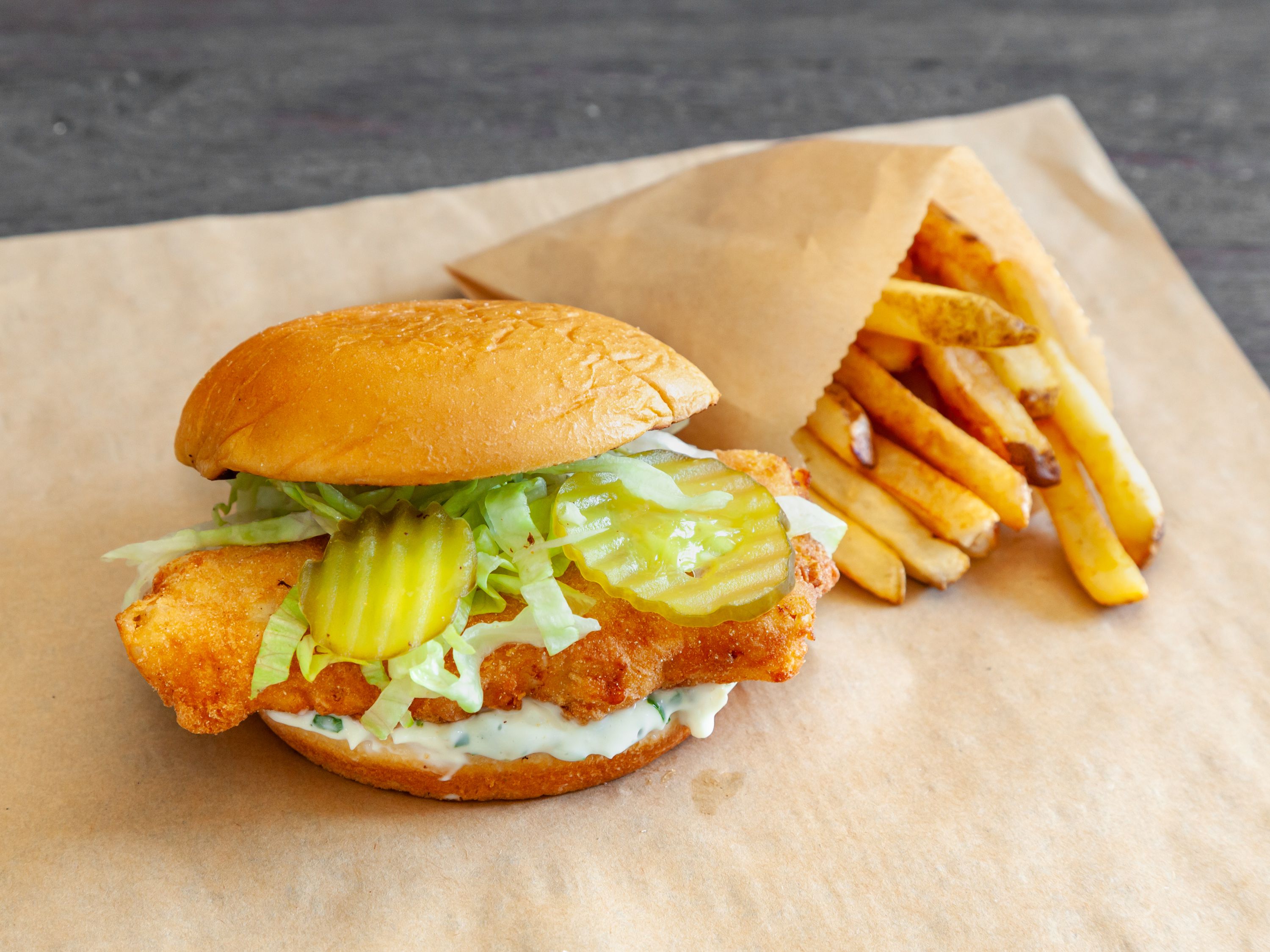 Order Fish Sandwich with Fries food online from Urban Dinner Market store, Seattle on bringmethat.com