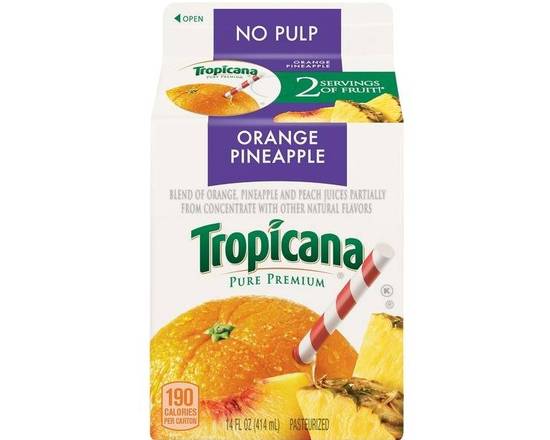 Order Tropicana OJ+PINEAPPLE CLASSIC 14oz Carton food online from BAGELS YOUR WAY store, Medford on bringmethat.com