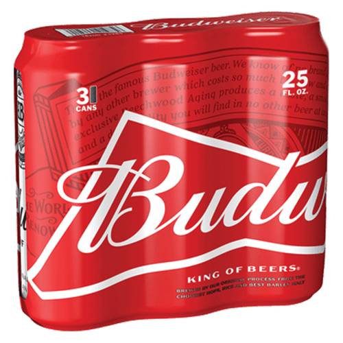 Order Budweiser Cans - 25 oz/3 Pack food online from Bottle Shop & Spirits store, Los Alamitos on bringmethat.com