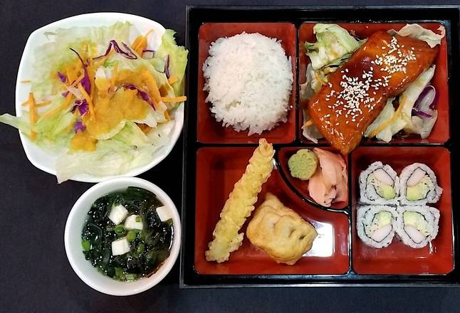 Order Salmon Teriyaki & Tempura Shrimp Lunch Box 日本三文盒 food online from Chin Chin store, Brookhaven on bringmethat.com